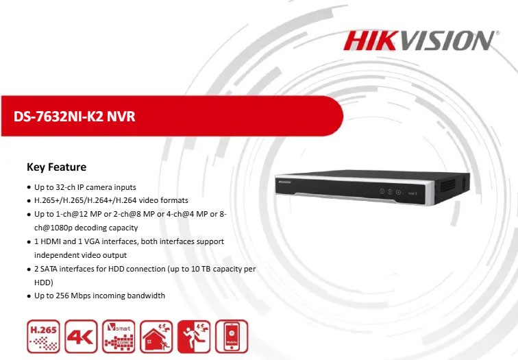 DS-7632NI-K2 HOT 32-ch 1U 4K NVR